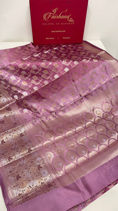 Faishana Pure Handloom Light Purple Dupion Silk Silver Mina Floral Gold Zari Jaal Skirt Gold & Silver Mina Zari Border with Kadiyal Minakari Pallu and Light Purple Blouse