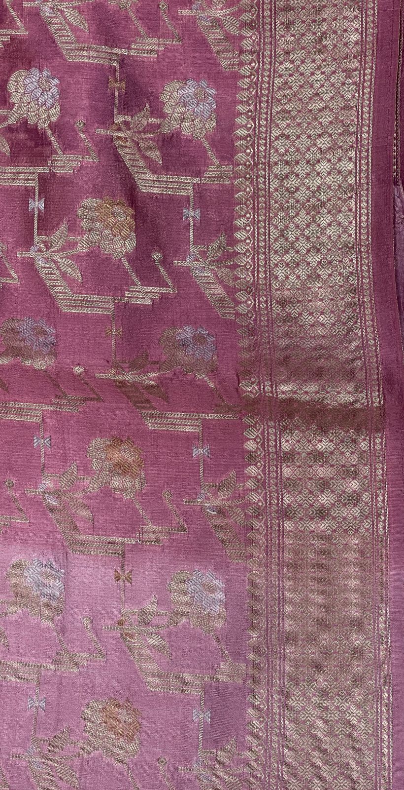 Faishana Pure Handloom Light Purple Dupion Silk Silver Mina Floral Gold Zari Jaal Skirt Gold & Silver Mina Zari Border with Kadiyal Minakari Pallu and Light Purple Blouse