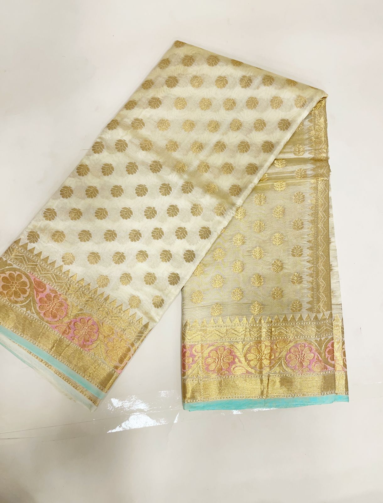 Faishana Pure Handloom Off-White Dupion Silk Golden Zari Floral Booti Banarasi Zari Border with Floral Gold Pallu with Multi Lehariya Stripe and Off-White Blouse