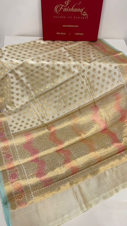 Faishana Pure Handloom Off-White Dupion Silk Golden Zari Floral Booti Banarasi Zari Border with Floral Gold Pallu with Multi Lehariya Stripe and Off-White Blouse