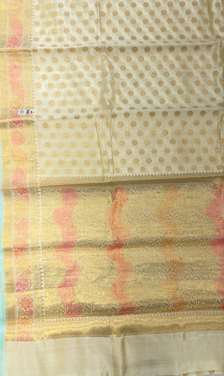 Faishana Pure Handloom Off-White Dupion Silk Golden Zari Floral Booti Banarasi Zari Border with Floral Gold Pallu with Multi Lehariya Stripe and Off-White Blouse
