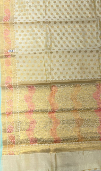Faishana Pure Handloom Off-White Dupion Silk Golden Zari Floral Booti Banarasi Zari Border with Floral Gold Pallu with Multi Lehariya Stripe and Off-White Blouse