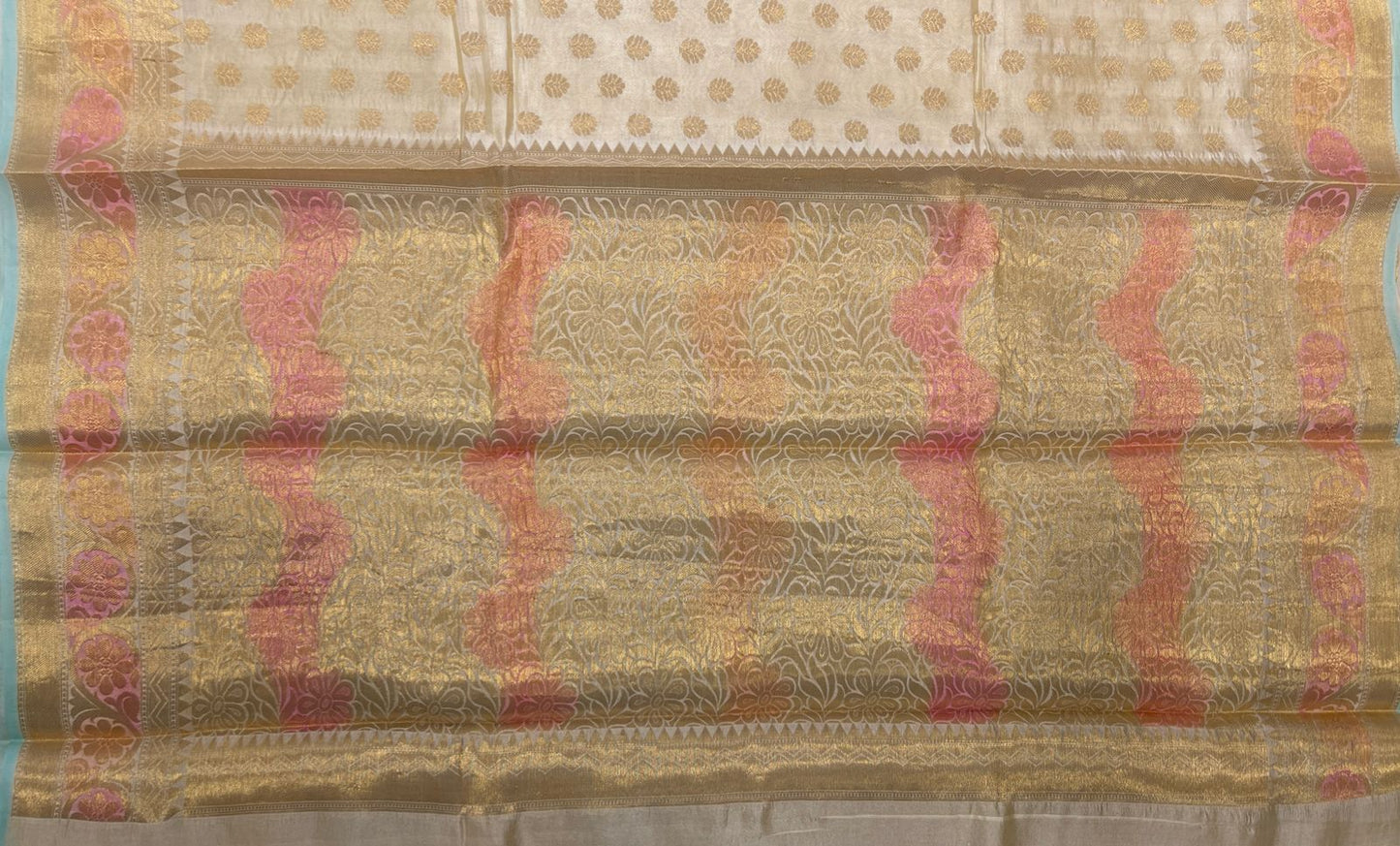 Faishana Pure Handloom Off-White Dupion Silk Golden Zari Floral Booti Banarasi Zari Border with Floral Gold Pallu with Multi Lehariya Stripe and Off-White Blouse