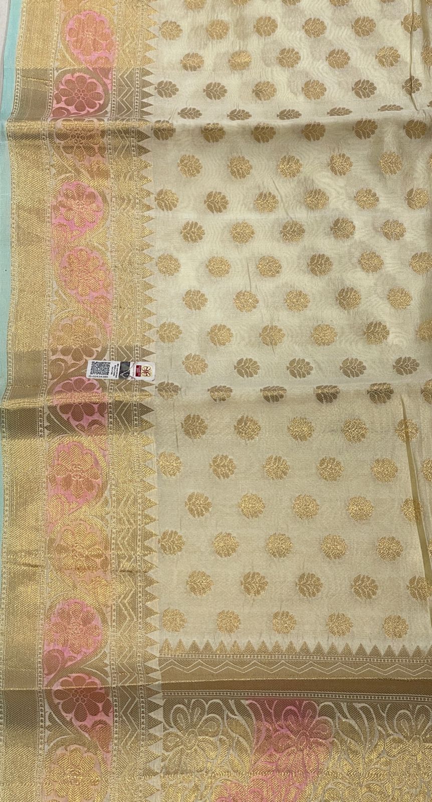 Faishana Pure Handloom Off-White Dupion Silk Golden Zari Floral Booti Banarasi Zari Border with Floral Gold Pallu with Multi Lehariya Stripe and Off-White Blouse