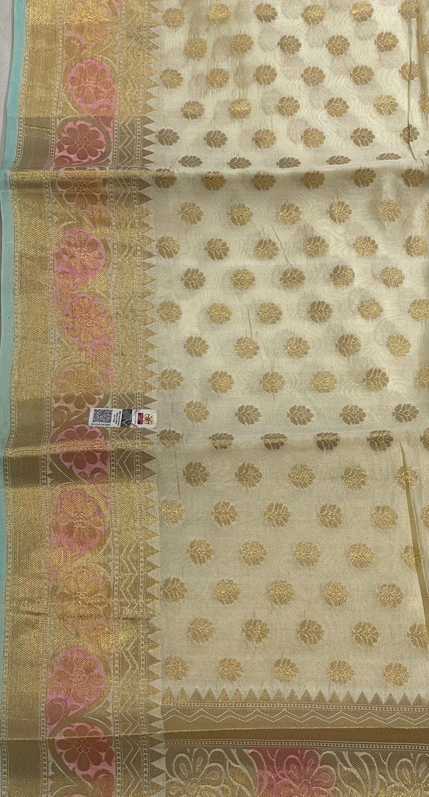 Faishana Pure Handloom Off-White Dupion Silk Golden Zari Floral Booti Banarasi Zari Border with Floral Gold Pallu with Multi Lehariya Stripe and Off-White Blouse