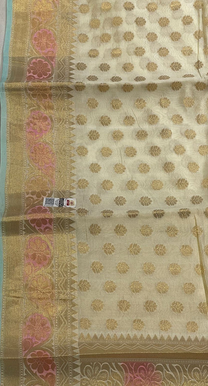 Faishana Pure Handloom Off-White Dupion Silk Golden Zari Floral Booti Banarasi Zari Border with Floral Gold Pallu with Multi Lehariya Stripe and Off-White Blouse