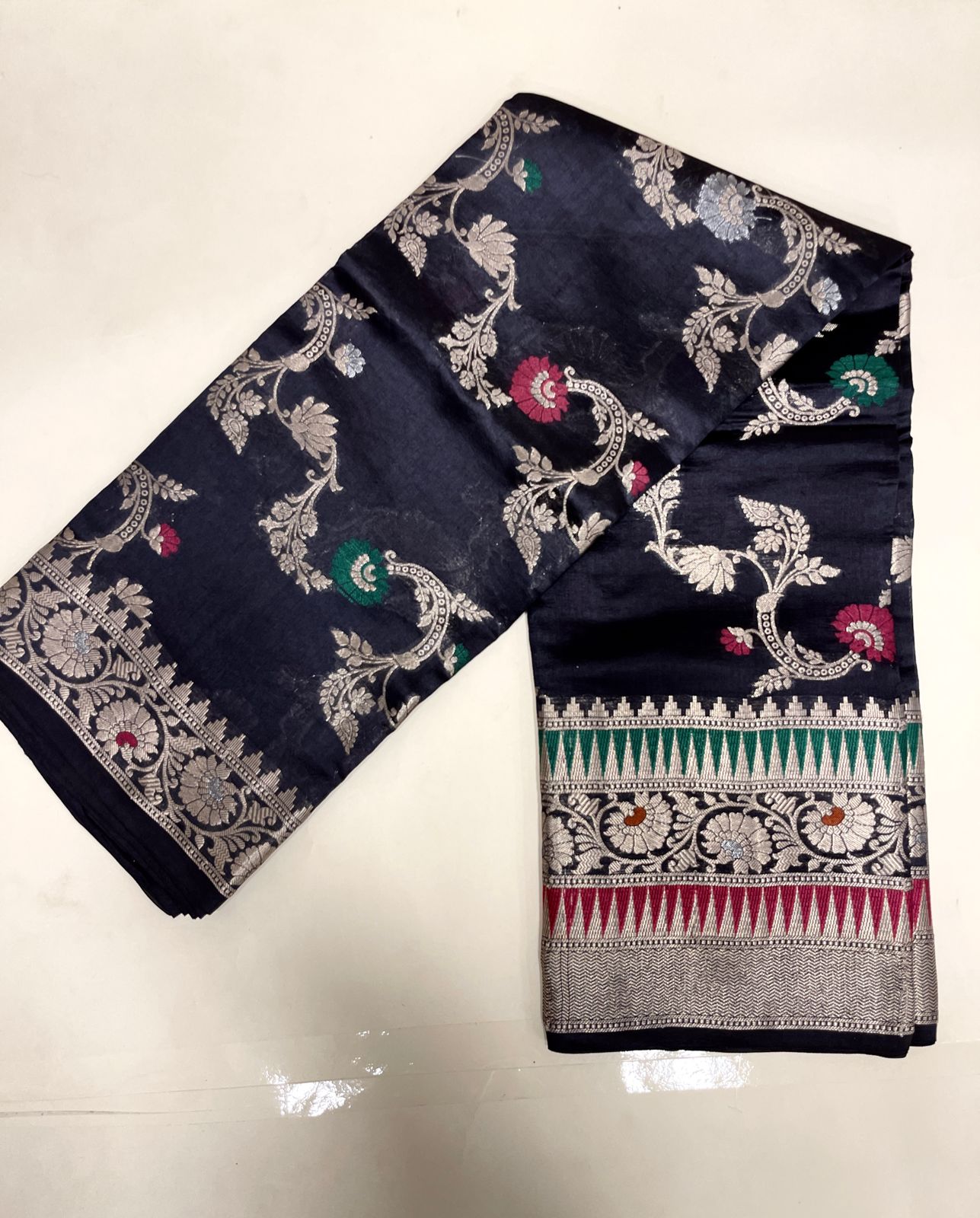 Faishana Pure Handloom Black Dupion Silk Tilfi Mina Floral Zari Stripe Jaal with Skirt Dual Mina Zari Border and Black Blouse