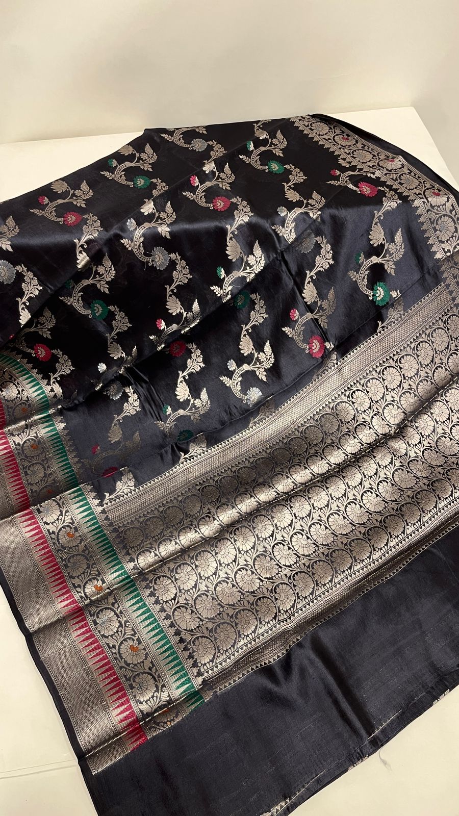 Faishana Pure Handloom Black Dupion Silk Tilfi Mina Floral Zari Stripe Jaal with Skirt Dual Mina Zari Border and Black Blouse