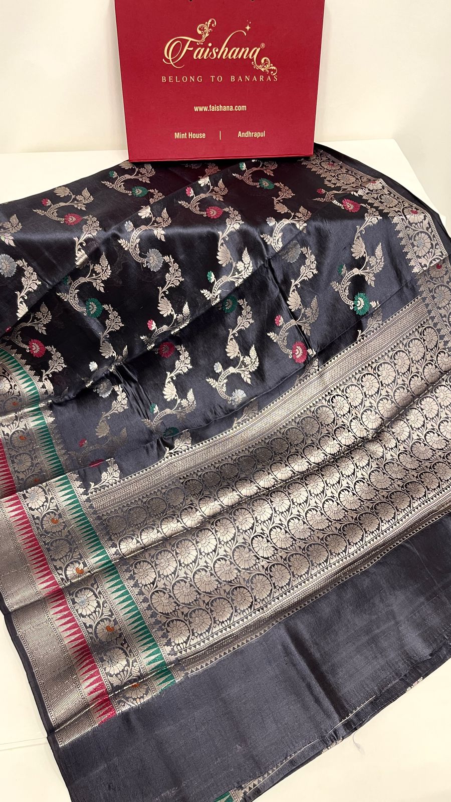 Faishana Pure Handloom Black Dupion Silk Tilfi Mina Floral Zari Stripe Jaal with Skirt Dual Mina Zari Border and Black Blouse