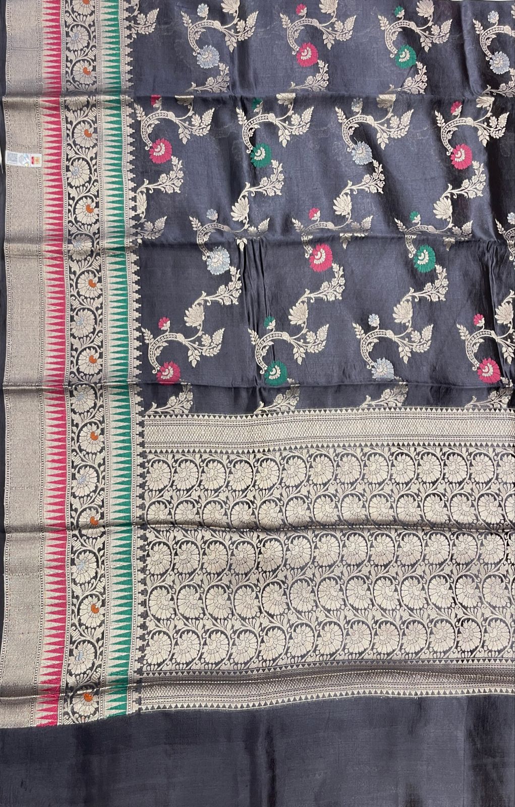 Faishana Pure Handloom Black Dupion Silk Tilfi Mina Floral Zari Stripe Jaal with Skirt Dual Mina Zari Border and Black Blouse