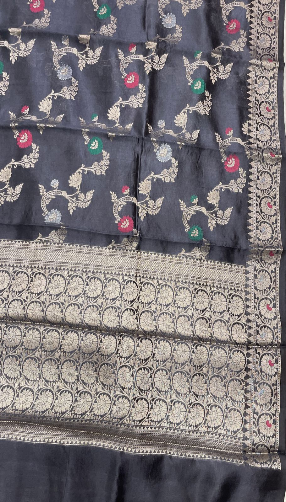 Faishana Pure Handloom Black Dupion Silk Tilfi Mina Floral Zari Stripe Jaal with Skirt Dual Mina Zari Border and Black Blouse