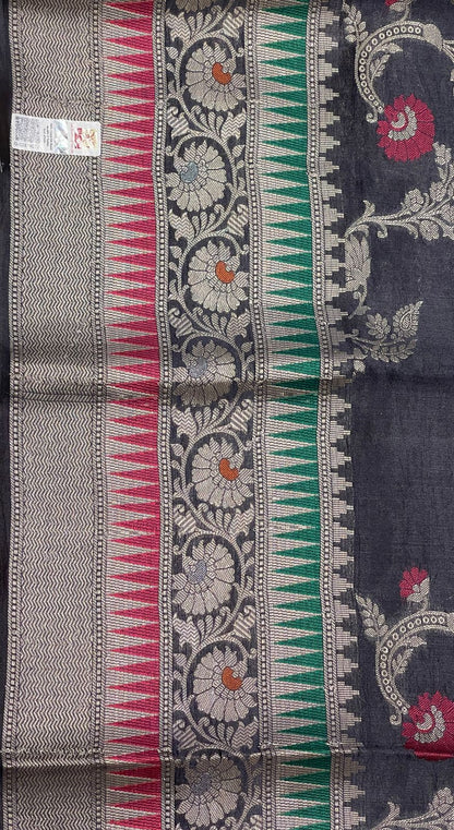 Faishana Pure Handloom Black Dupion Silk Tilfi Mina Floral Zari Stripe Jaal with Skirt Dual Mina Zari Border and Black Blouse