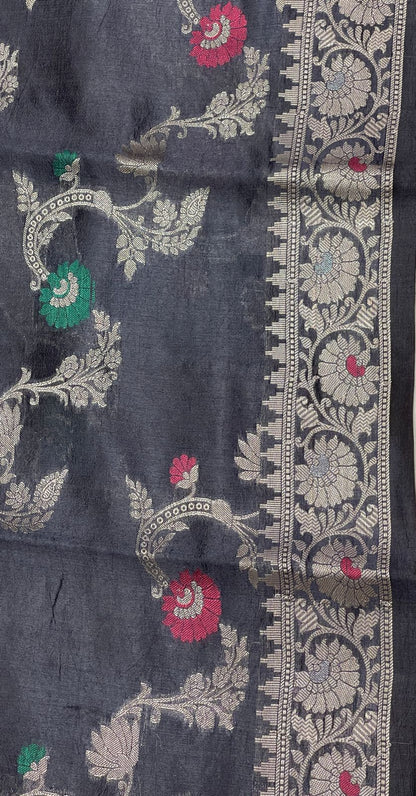 Faishana Pure Handloom Black Dupion Silk Tilfi Mina Floral Zari Stripe Jaal with Skirt Dual Mina Zari Border and Black Blouse