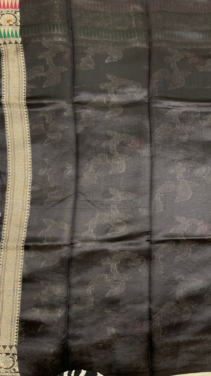 Faishana Pure Handloom Black Dupion Silk Tilfi Mina Floral Zari Stripe Jaal with Skirt Dual Mina Zari Border and Black Blouse