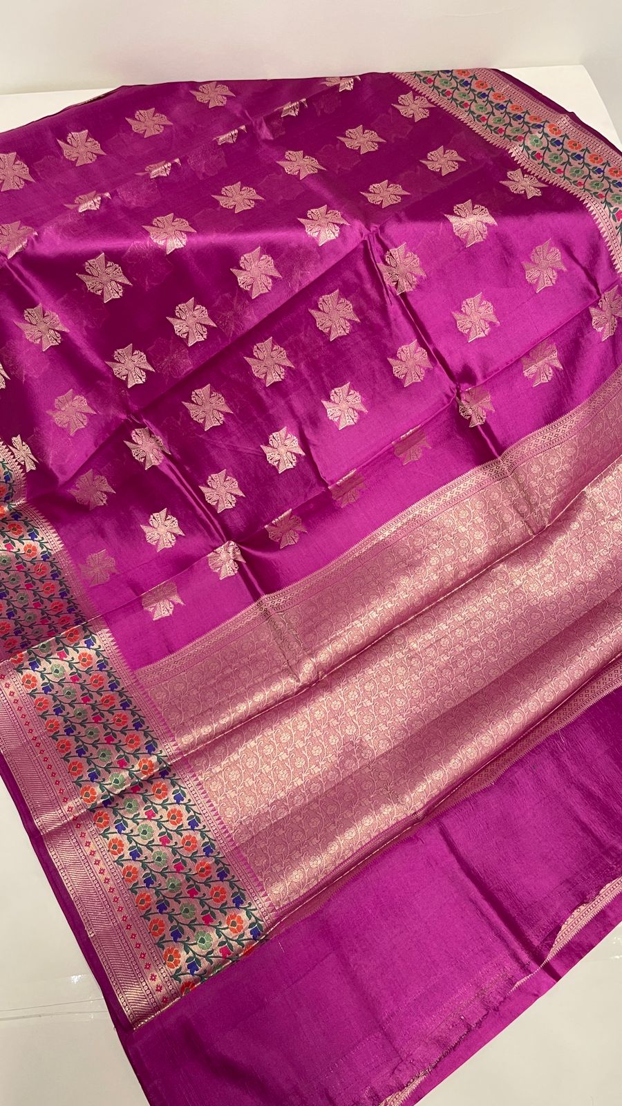 Faishana Pure Handloom Magenta Dupion Silk Golden Swastik Zari Booti Skirt Floral Mina Border with Floral Jaal Pallu and Magenta Blouse