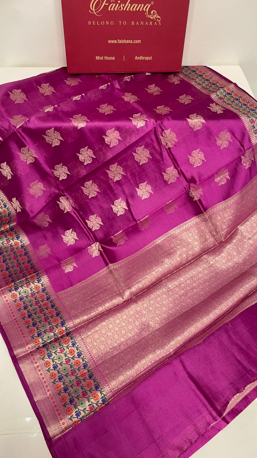 Faishana Pure Handloom Magenta Dupion Silk Golden Swastik Zari Booti Skirt Floral Mina Border with Floral Jaal Pallu and Magenta Blouse