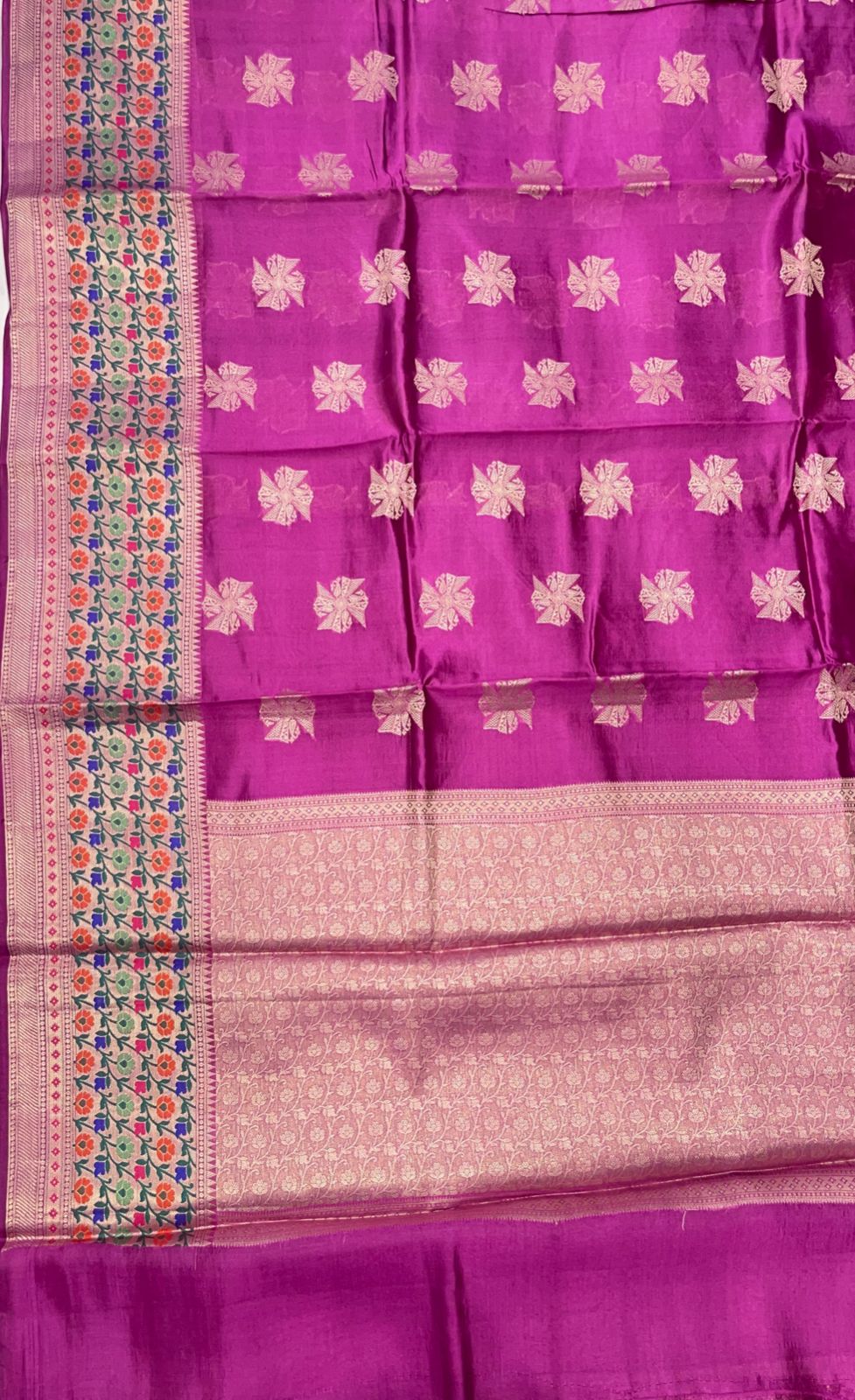 Faishana Pure Handloom Magenta Dupion Silk Golden Swastik Zari Booti Skirt Floral Mina Border with Floral Jaal Pallu and Magenta Blouse