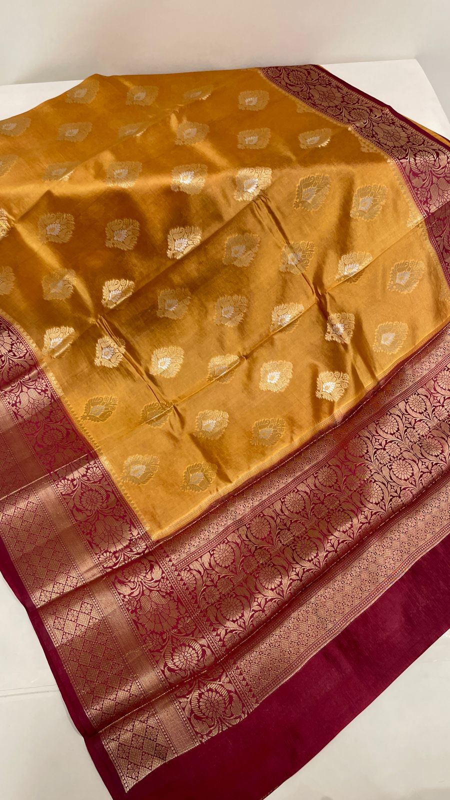 Faishana Pure Handloom Gold Dupion Silk Golden Zari Silver Mina Boota Skirt Maroon Border with Floral Kadiyal Pallu and Maroon Blouse