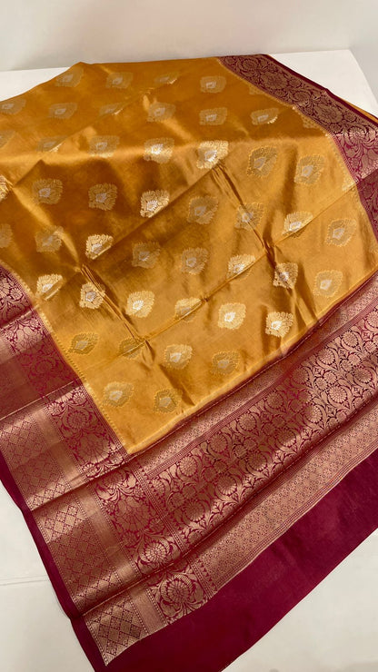Faishana Pure Handloom Gold Dupion Silk Golden Zari Silver Mina Boota Skirt Maroon Border with Floral Kadiyal Pallu and Maroon Blouse