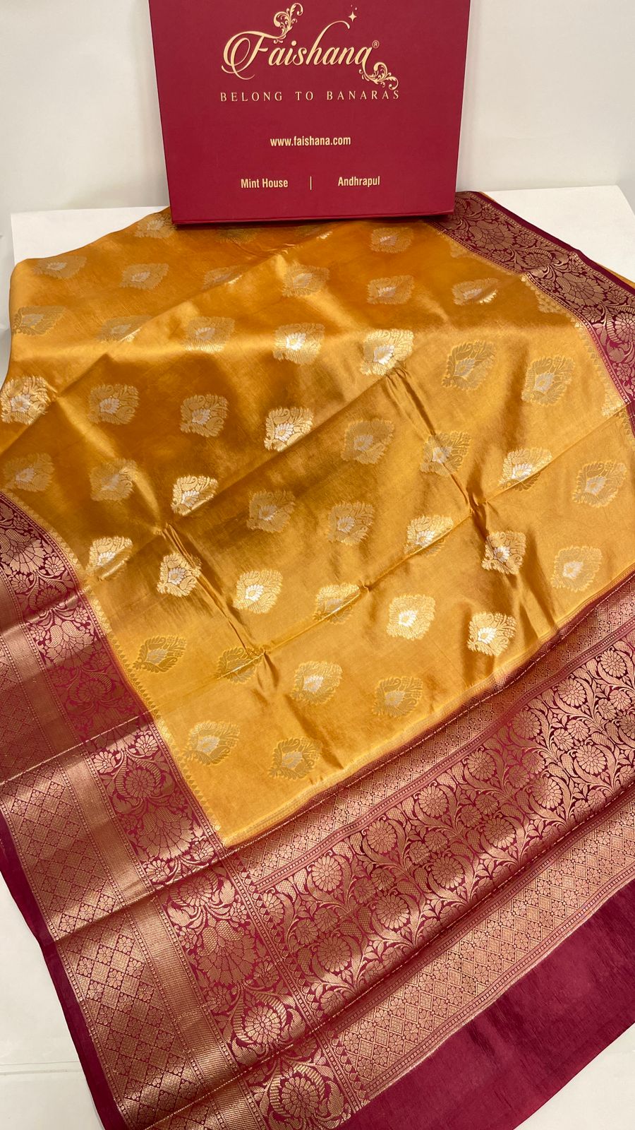 Faishana Pure Handloom Gold Dupion Silk Golden Zari Silver Mina Boota Skirt Maroon Border with Floral Kadiyal Pallu and Maroon Blouse