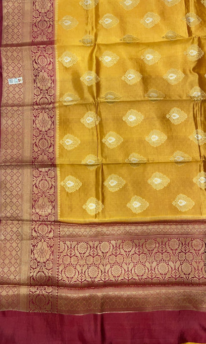 Faishana Pure Handloom Gold Dupion Silk Golden Zari Silver Mina Boota Skirt Maroon Border with Floral Kadiyal Pallu and Maroon Blouse
