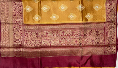 Faishana Pure Handloom Gold Dupion Silk Golden Zari Silver Mina Boota Skirt Maroon Border with Floral Kadiyal Pallu and Maroon Blouse
