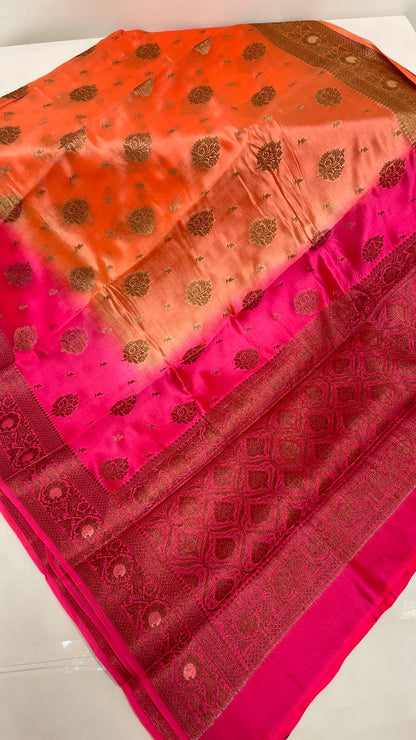 Faishana Pure Handloom Orange Contrast Pink Dupion Silk Copper Zari Floral Booti Banarasi Mina Zari Border with Floral Banarasi Pallu and Pink Blouse