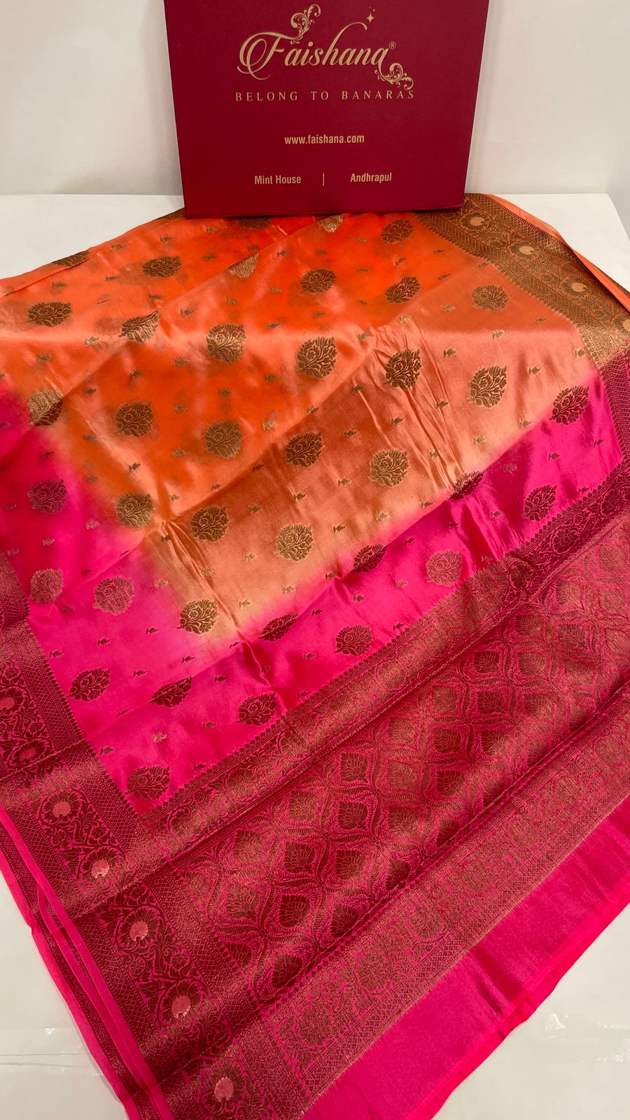 Faishana Pure Handloom Orange Contrast Pink Dupion Silk Copper Zari Floral Booti Banarasi Mina Zari Border with Floral Banarasi Pallu and Pink Blouse