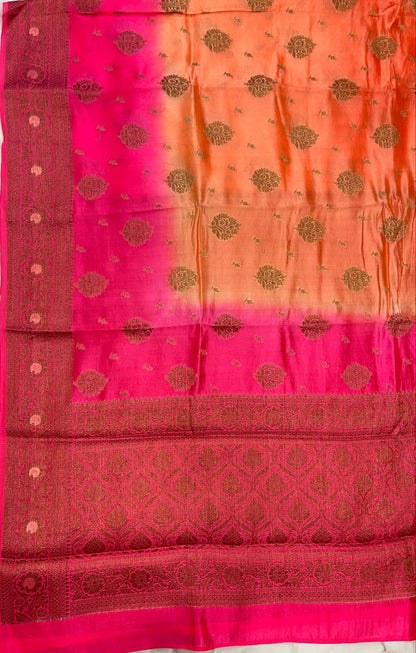 Faishana Pure Handloom Orange Contrast Pink Dupion Silk Copper Zari Floral Booti Banarasi Mina Zari Border with Floral Banarasi Pallu and Pink Blouse