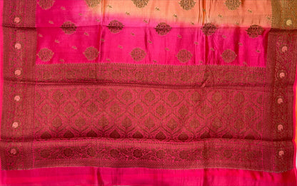 Faishana Pure Handloom Orange Contrast Pink Dupion Silk Copper Zari Floral Booti Banarasi Mina Zari Border with Floral Banarasi Pallu and Pink Blouse