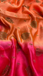 Faishana Pure Handloom Orange Contrast Pink Dupion Silk Copper Zari Floral Booti Banarasi Mina Zari Border with Floral Banarasi Pallu and Pink Blouse