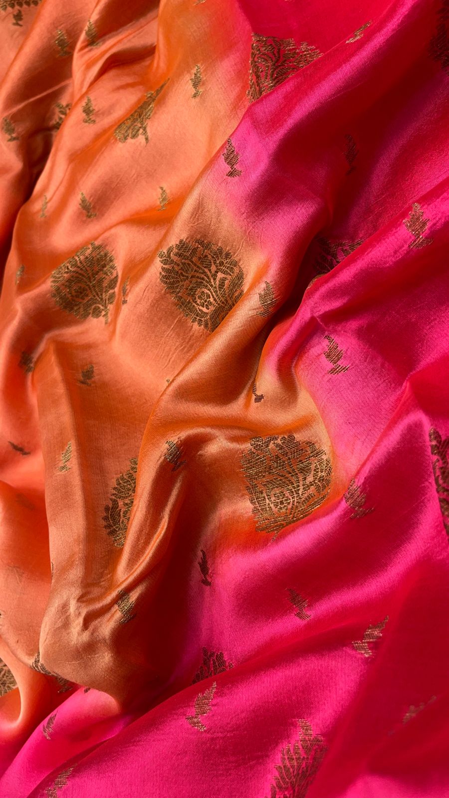 Faishana Pure Handloom Orange Contrast Pink Dupion Silk Copper Zari Floral Booti Banarasi Mina Zari Border with Floral Banarasi Pallu and Pink Blouse