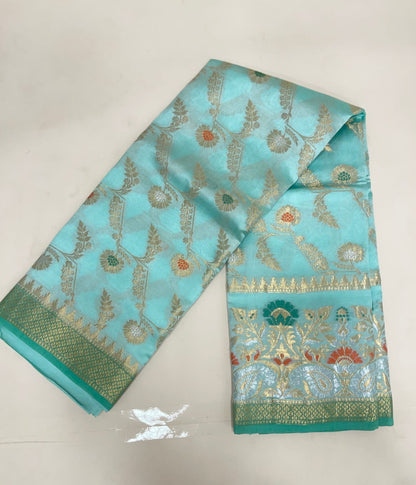Faishana Pure Handloom Light Sea Green Dupion Silk Floral Mina Jaal with Contrast Red Silver Mina Golden Skirt Border and Light Sea Green Blouse
