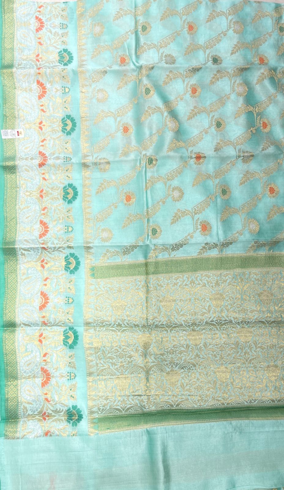 Faishana Pure Handloom Light Sea Green Dupion Silk Floral Mina Jaal with Contrast Red Silver Mina Golden Skirt Border and Light Sea Green Blouse