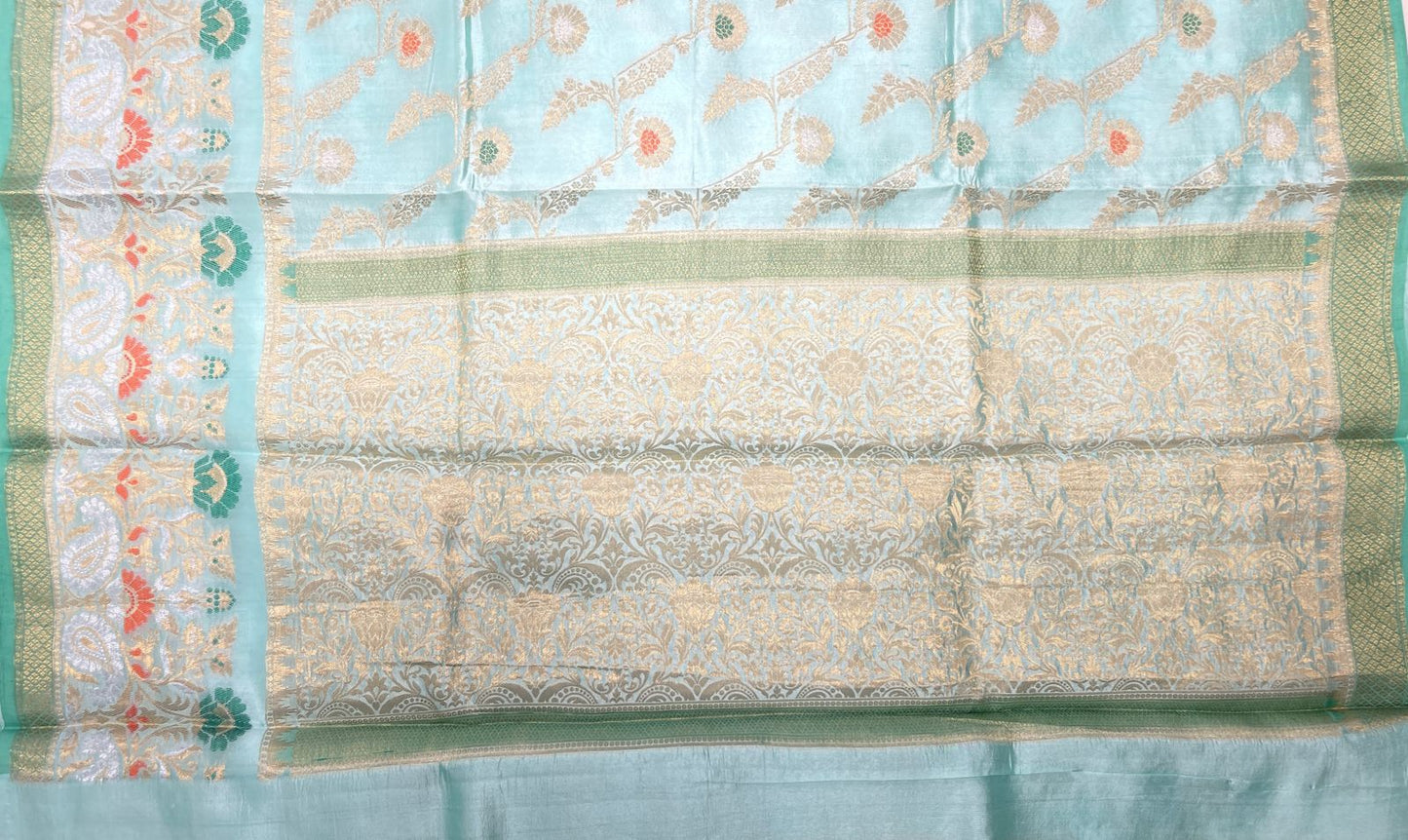 Faishana Pure Handloom Light Sea Green Dupion Silk Floral Mina Jaal with Contrast Red Silver Mina Golden Skirt Border and Light Sea Green Blouse