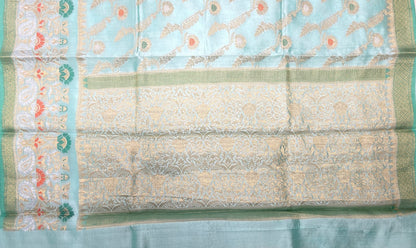 Faishana Pure Handloom Light Sea Green Dupion Silk Floral Mina Jaal with Contrast Red Silver Mina Golden Skirt Border and Light Sea Green Blouse