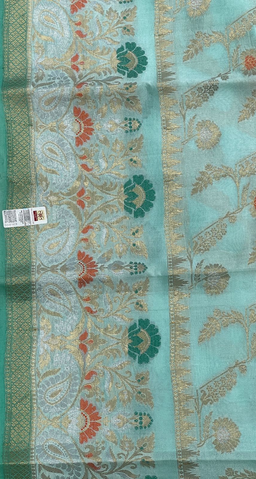 Faishana Pure Handloom Light Sea Green Dupion Silk Floral Mina Jaal with Contrast Red Silver Mina Golden Skirt Border and Light Sea Green Blouse