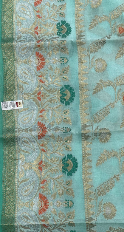 Faishana Pure Handloom Light Sea Green Dupion Silk Floral Mina Jaal with Contrast Red Silver Mina Golden Skirt Border and Light Sea Green Blouse