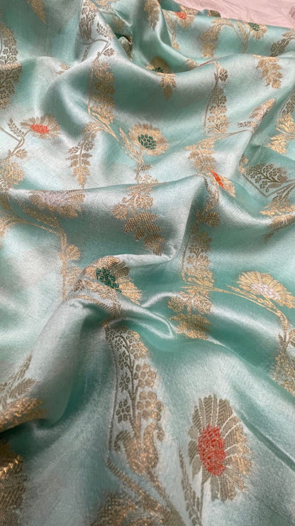 Faishana Pure Handloom Light Sea Green Dupion Silk Floral Mina Jaal with Contrast Red Silver Mina Golden Skirt Border and Light Sea Green Blouse