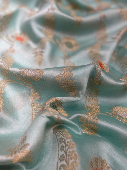 Faishana Pure Handloom Light Sea Green Dupion Silk Floral Mina Jaal with Contrast Red Silver Mina Golden Skirt Border and Light Sea Green Blouse