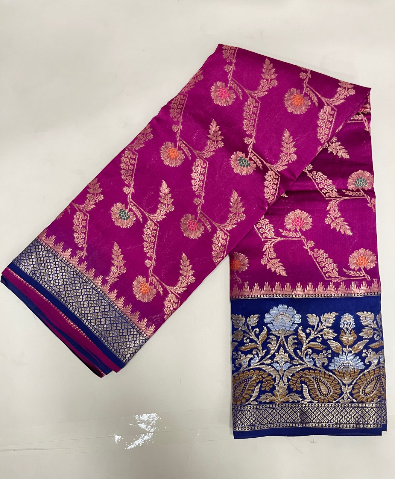 Faishana Pure Handloom Magenta Dupion Silk Floral Mina Jaal with Contrast Indigo Blue Silver Mina Golden Skirt Border and Indigo Blue Blouse