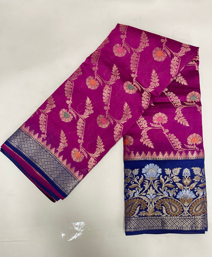 Faishana Pure Handloom Magenta Dupion Silk Floral Mina Jaal with Contrast Indigo Blue Silver Mina Golden Skirt Border and Indigo Blue Blouse