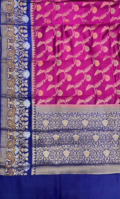 Faishana Pure Handloom Magenta Dupion Silk Floral Mina Jaal with Contrast Indigo Blue Silver Mina Golden Skirt Border and Indigo Blue Blouse
