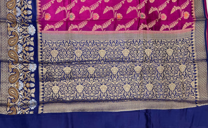 Faishana Pure Handloom Magenta Dupion Silk Floral Mina Jaal with Contrast Indigo Blue Silver Mina Golden Skirt Border and Indigo Blue Blouse