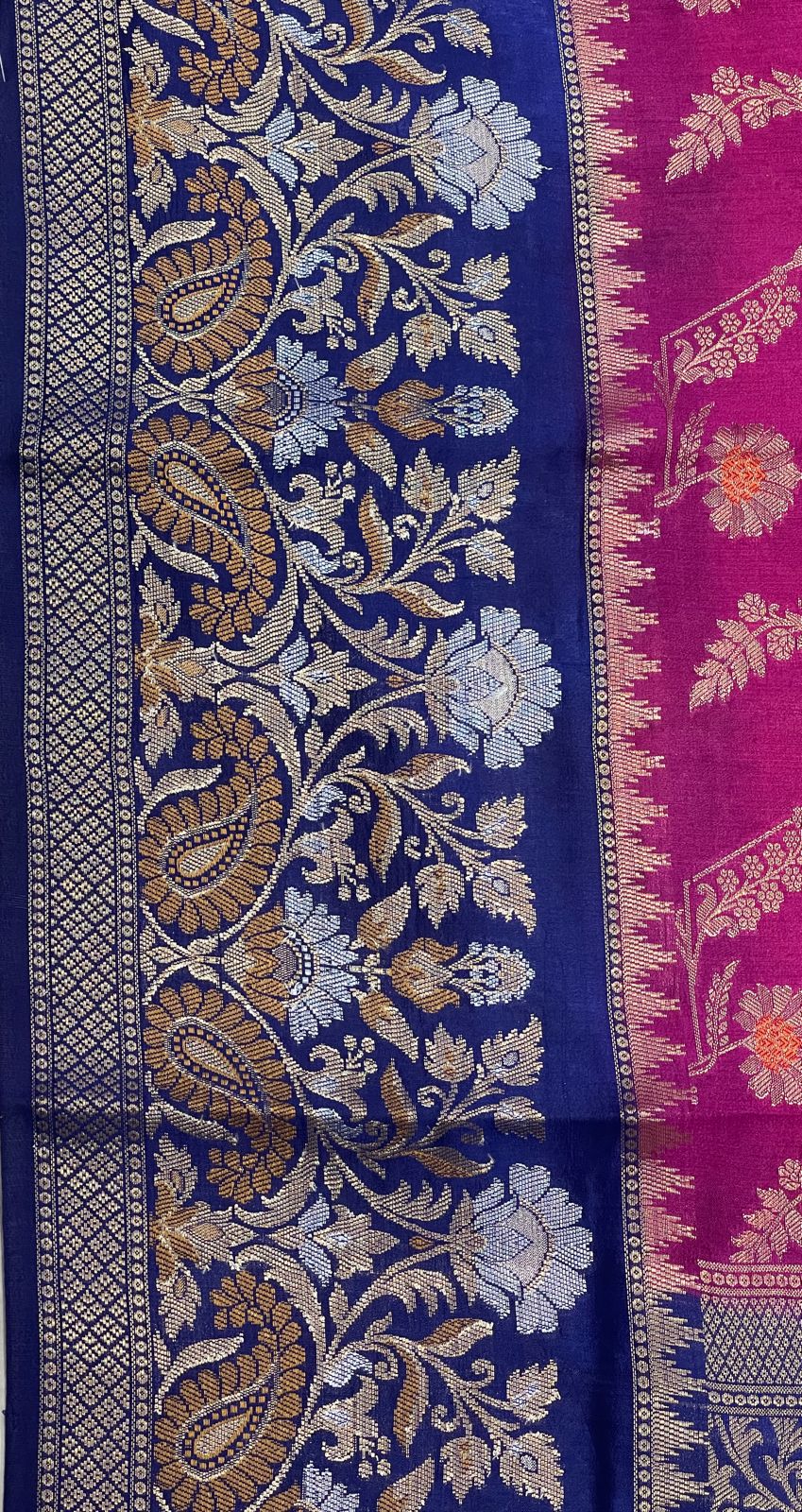 Faishana Pure Handloom Magenta Dupion Silk Floral Mina Jaal with Contrast Indigo Blue Silver Mina Golden Skirt Border and Indigo Blue Blouse