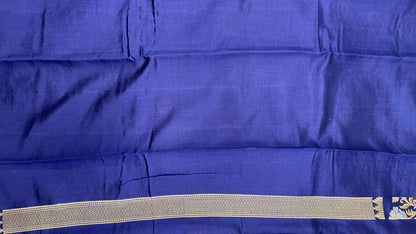 Faishana Pure Handloom Magenta Dupion Silk Floral Mina Jaal with Contrast Indigo Blue Silver Mina Golden Skirt Border and Indigo Blue Blouse