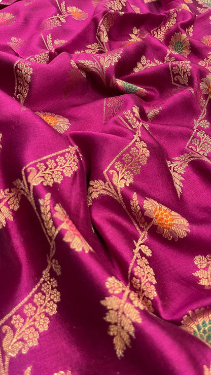 Faishana Pure Handloom Magenta Dupion Silk Floral Mina Jaal with Contrast Indigo Blue Silver Mina Golden Skirt Border and Indigo Blue Blouse
