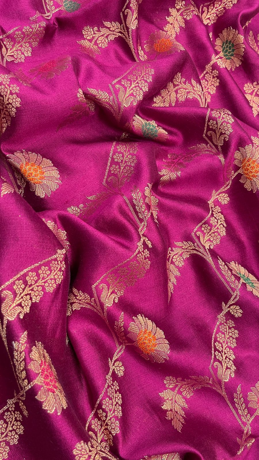 Faishana Pure Handloom Magenta Dupion Silk Floral Mina Jaal with Contrast Indigo Blue Silver Mina Golden Skirt Border and Indigo Blue Blouse