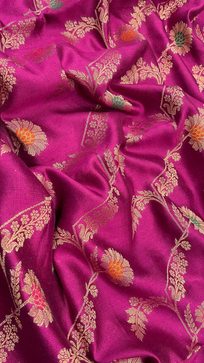 Faishana Pure Handloom Magenta Dupion Silk Floral Mina Jaal with Contrast Indigo Blue Silver Mina Golden Skirt Border and Indigo Blue Blouse
