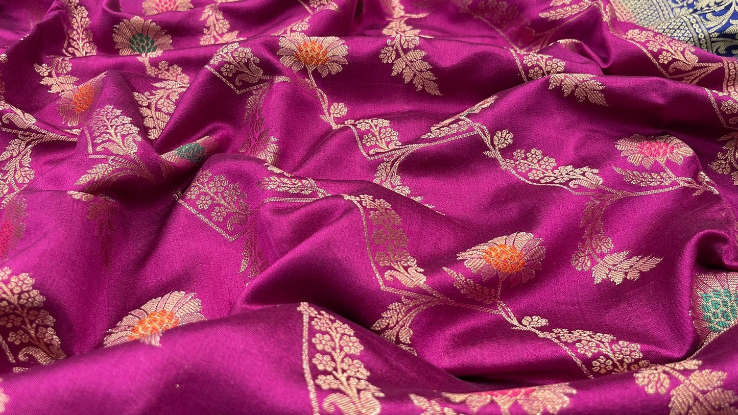 Faishana Pure Handloom Magenta Dupion Silk Floral Mina Jaal with Contrast Indigo Blue Silver Mina Golden Skirt Border and Indigo Blue Blouse
